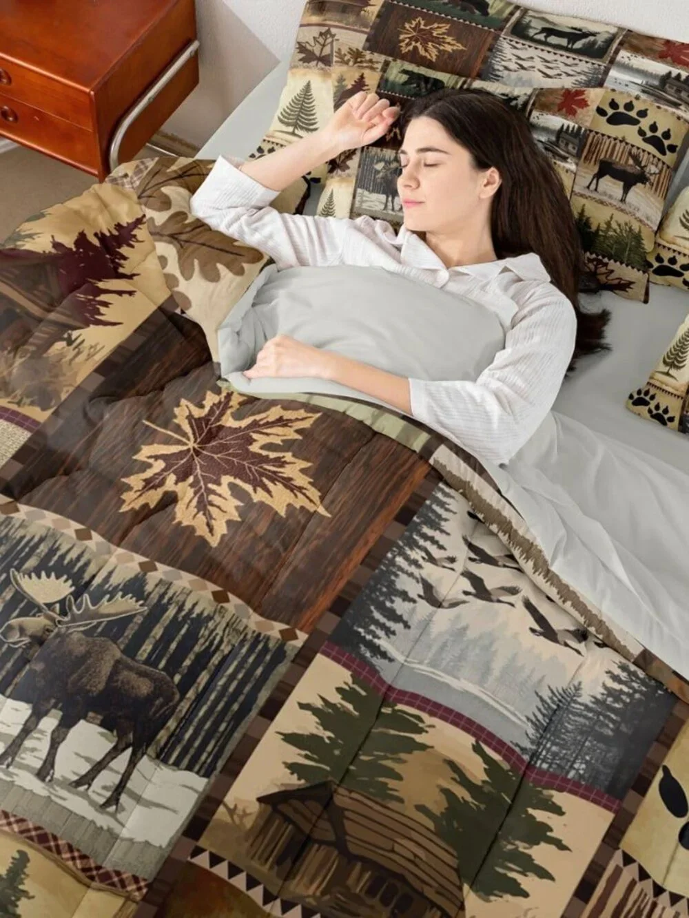 Lodge Queen Comforter Set with Sheets for Kids Boys Girls Cabin Rustic Moose 7 P